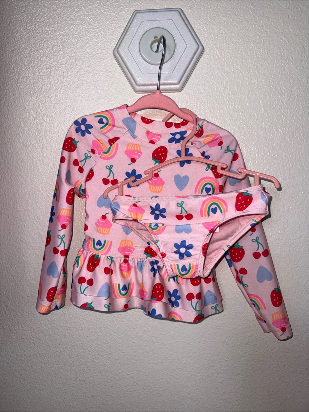 wonder nation Pink Girls Two-Piece Rash Guard Set with Rainbow & Fruit Print